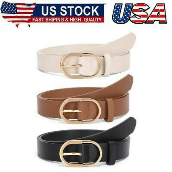3Pcs Women's Leather Belts for Jeans Pants Fashion Ladies Belt with Gold Buckle