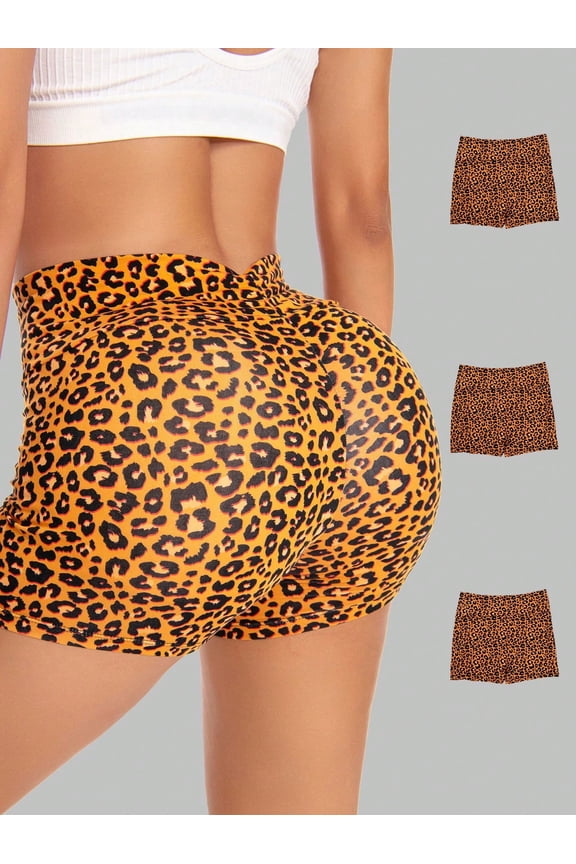 3Pcs Women's Printed Leopard Print Yoga Shorts With High Waist, Slim Fit, Abdominal Compression, Beautiful Body, Casual Tight Shorts, Sports, Fitness, Running, And Exercise Flat Corner Shorts