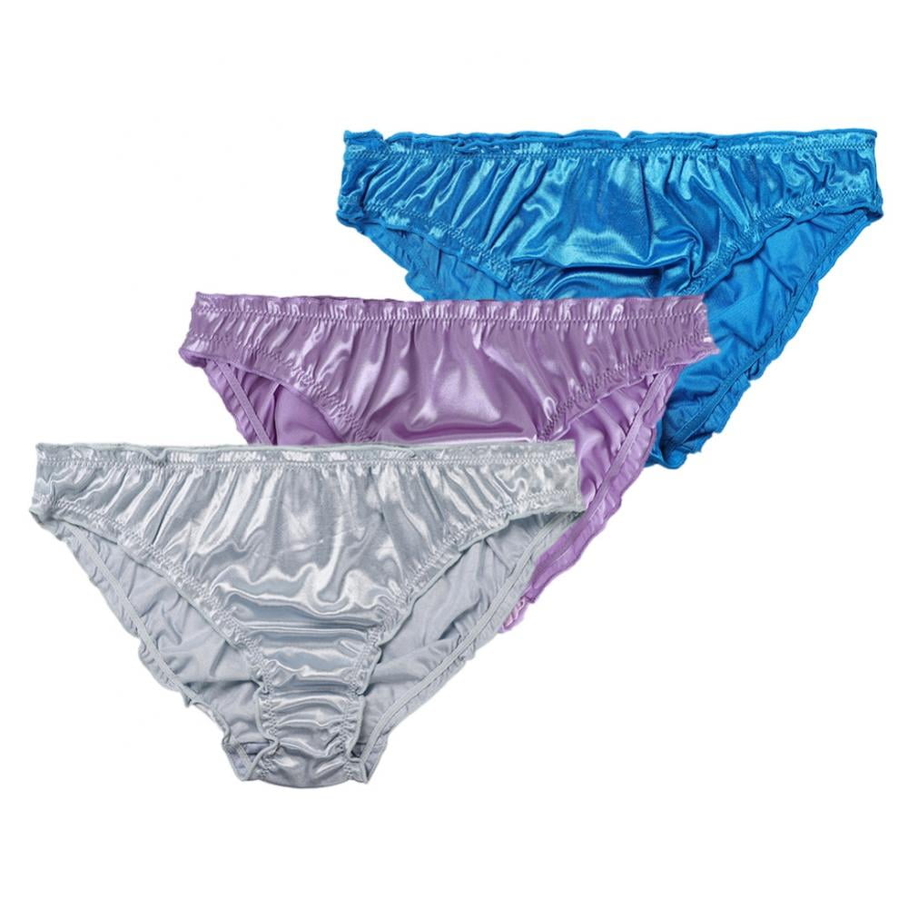 3Pcs Women's Satin Panties Comfortable Bikini Briefs Frill Trim