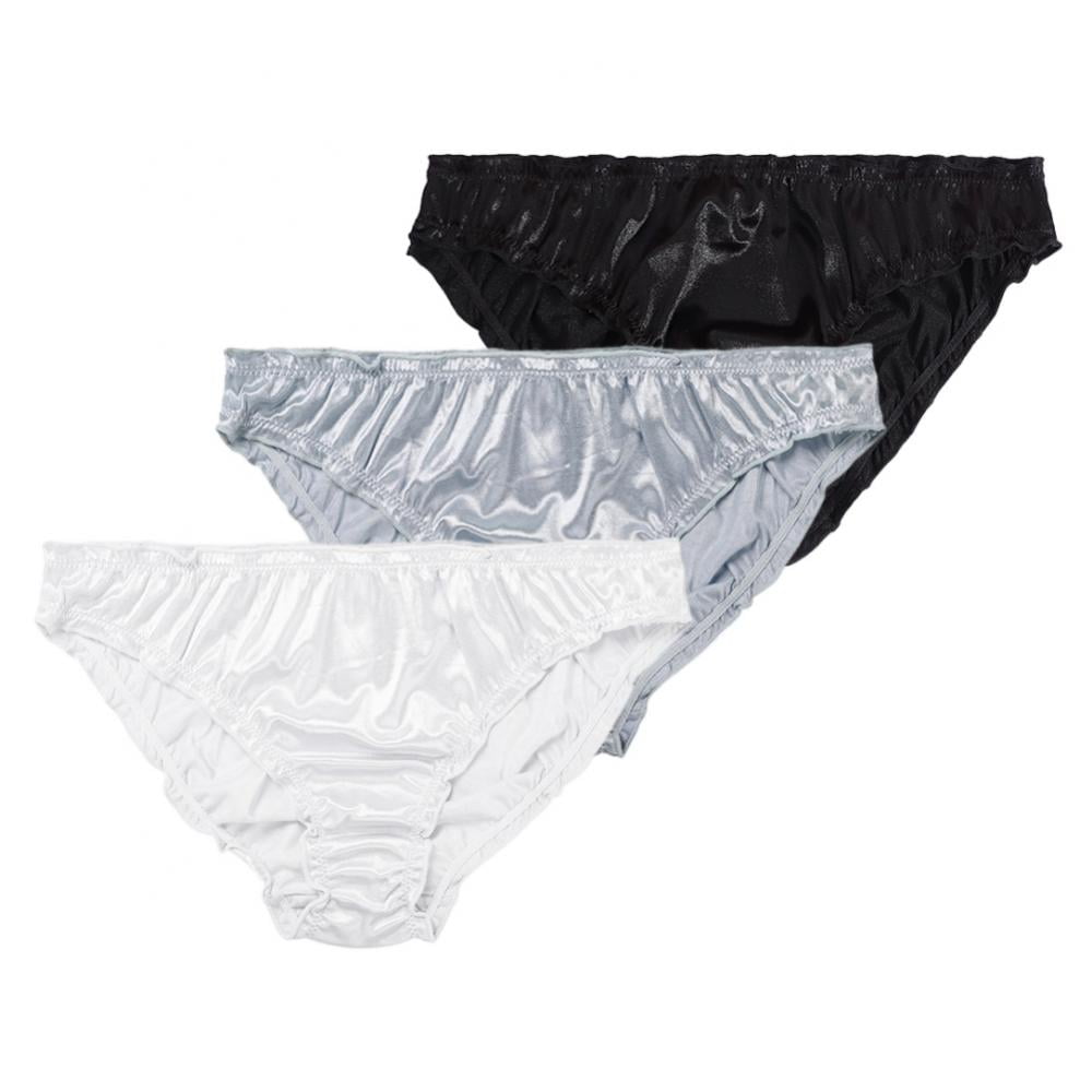 3Pcs Women's Satin Panties Comfortable Bikini Briefs Frill Trim Elastic  Panty