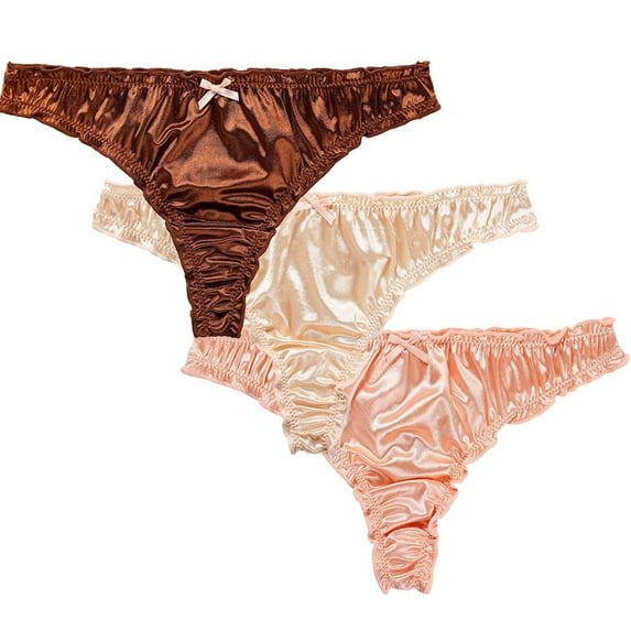 3Pcs Women's Satin Thong Panties Comfortable Bikini Briefs Frill Trim Underwear