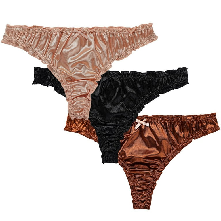 3Pcs Women's Satin Thong Panties Comfortable Bikini Briefs Frill