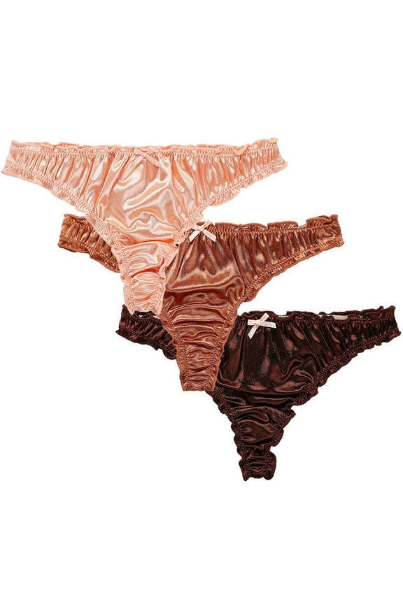 3Pcs Women's Satin Thong Panties Comfortable Bikini Briefs Frill Trim Underwear