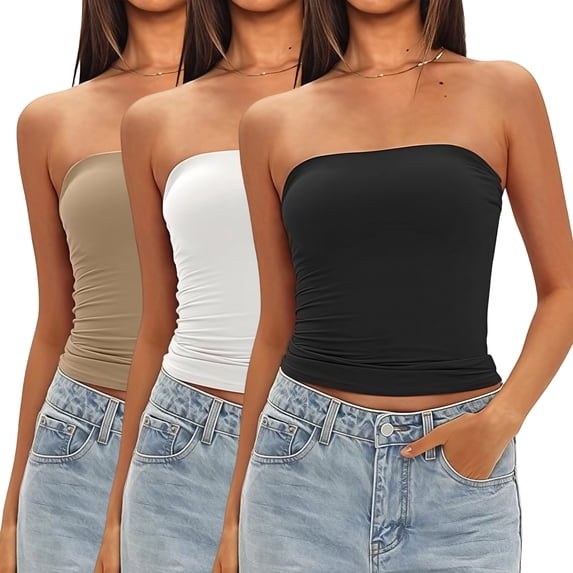 3Pcs Women's Seamless Strapless Bandeau Top, Non-Slip Basic Crop Tube Top