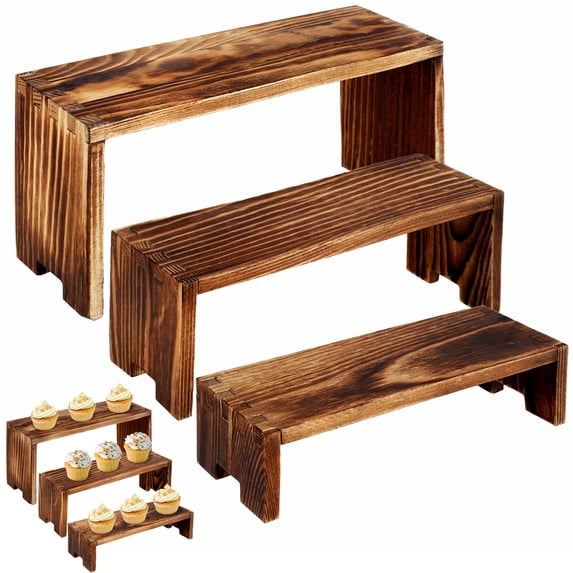 FKSZLL 3Pcs Wooden Display Risers Set, 3 Tier Rustic Food Shelf ...