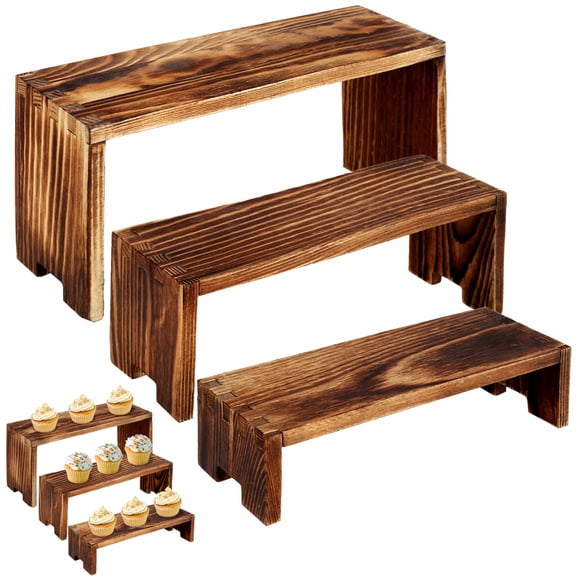 FKSZLL 3Pcs Wood Display Risers Stands, Wooden Cake Cupcake Display Riser Stand Set, 3 Tier Rustic Food Shelf Organizer for Desserts