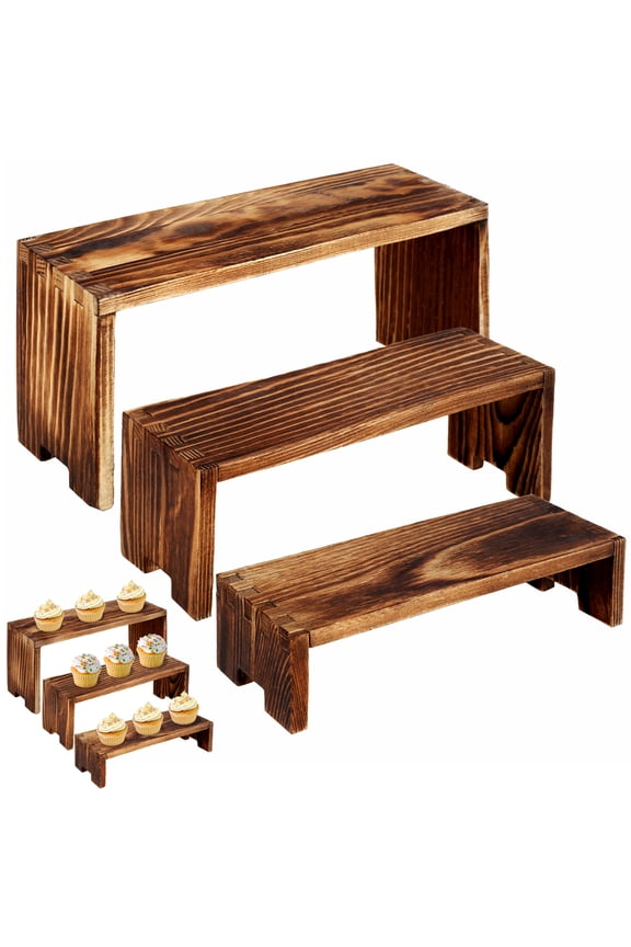 3Pcs Wood Display Risers Stands, Wooden Cake Cupcake Display Riser Stand Set, 3 Tier Rustic Food Shelf Organizer for Desserts
