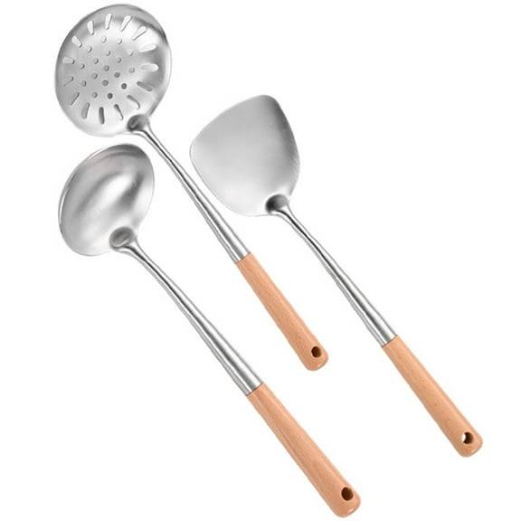 3Pcs Wood Handle Soup Ladle Spoon Colander Kitchen Utensils Stainless Steel Wok Spatula Cooking Accessories