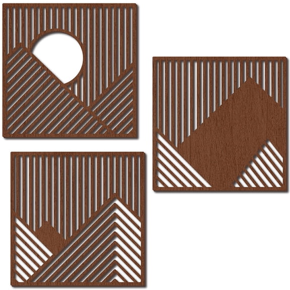 3Pcs Wood Line Wall Decor Wooden Geometric Wall Art Decoration Hanging Set Hollowing Out Artwork Modern Mountains Sculpture Laser Cut Wooden Sign