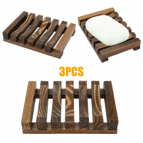 3Pcs Wooden Bamboo Soap Dish Tray Storage Case Holder Container Bathroom Kitchen