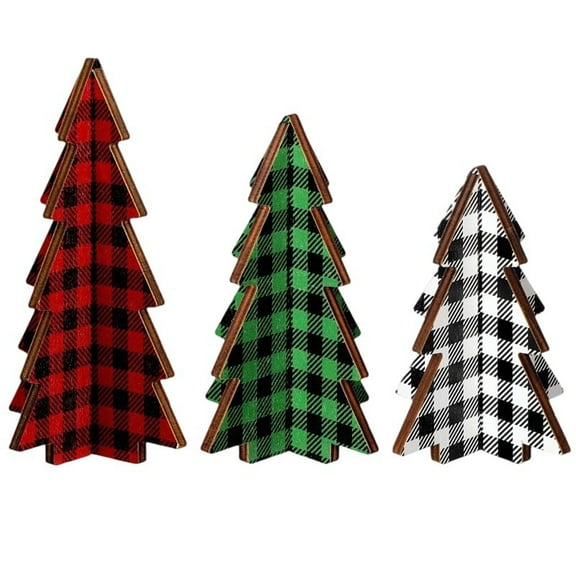 3Pcs Wooden Christmas Trees Tabletop Decor, Buffalo Plaid Rustic Christmas Decor, 3D Wooden Tabletop Trees Sign for Home Office Fireplace Farmhouse Party Christmas Centerpieces