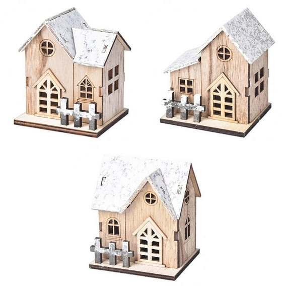 3Pcs Wooden House Warm Light Gifts LED Up Building Decor