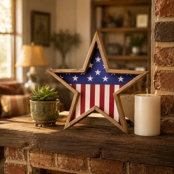 3Pcs Wooden Star Decor, Fufafayo Independence Day Ornaments Wooden Crafts, Patriotic Star Decor for 4th of July, Rustic Flag Shelf Sitter, Wood Tabletop Centerpiece for Home Living Room Fireplace