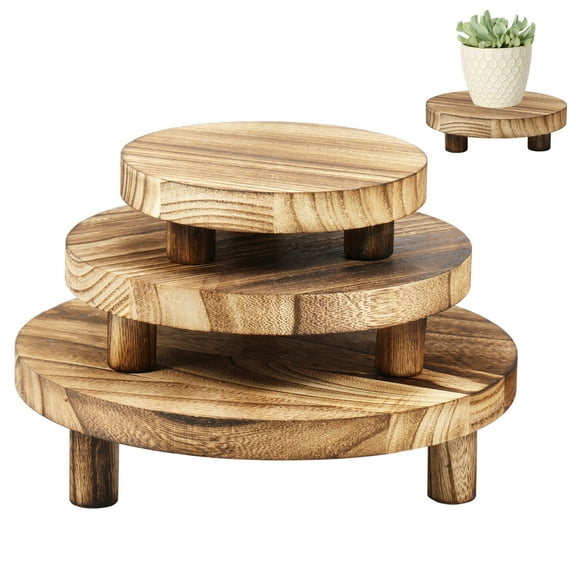 3Pcs Wooden Stool Display Stand 3 Sizes Wood Plant Stand Round Wood Riser with Removable Feet Holds up to 50lbs Wood Plant Riser Stand Practical Wood Plant Holder for Indoor Outdoor Home Patio Decor