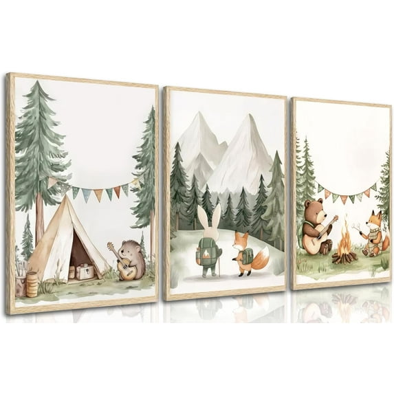 3Pcs Woodland Animal Nursery Wall Art Safari Animal Camping Canvas Painting Forest Adventure Theme Wall Decor Cute Bear Fox Posters Prints for Kids Boys Girls Room Bedroom Picture Unframed