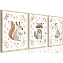 3Pcs Woodland Animals Nursery Wall Art Watercolor Wild Animals Kids Room Wall Decor Cute Squirrel Raccoon Fox Prints Posters Kids Room Canvas Painting for Boys Room Girls Room Pictures Framed