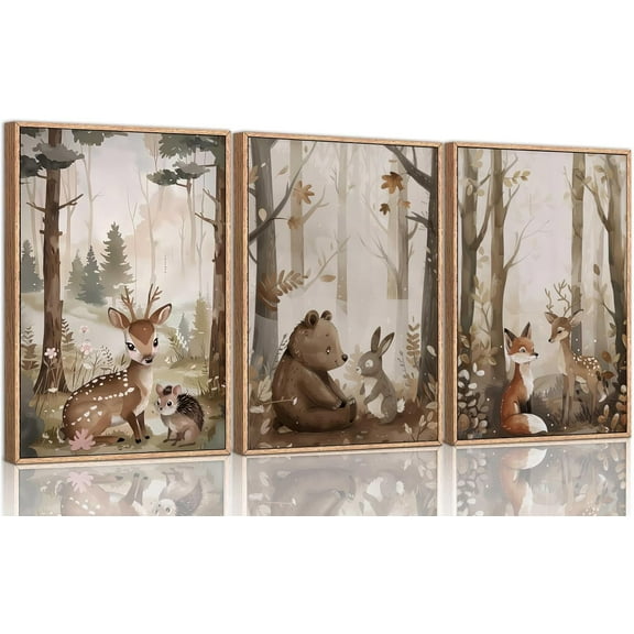 3Pcs Woodland Nursery Canvas Wall Art Cute Neutral Vintage Forest Wild Animals Bear Deer Fox Landscape Watercolor Painting Picture Wall Decor Poster Print Artwork for Baby Kids Room
