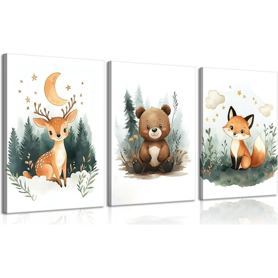 3Pcs Woodland Nursery Canvas Wall Art Cute Wild Animals Bear Deer Fox Wall Decor Pictures Kids Room Poster Prints for Playroom Baby Boy Girls Room Decoration, 16x24in