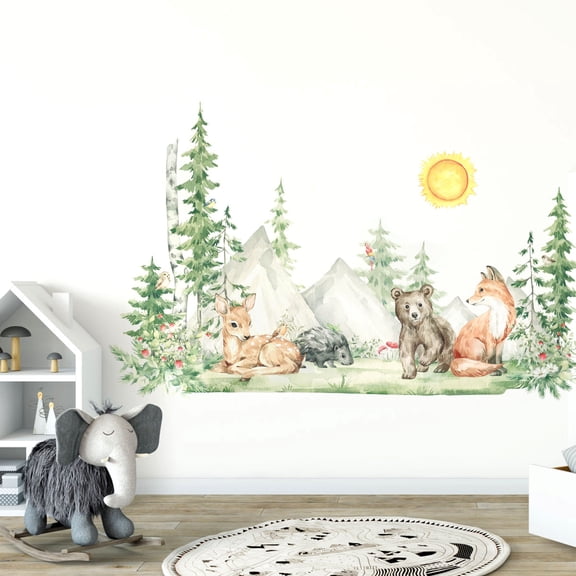 3Pcs Woodland Wall Decals Set Forest Tree Wall Stickers DIY Forest Tree Deer Bear Fox Wall Art Peel and Stick Jungle Wall Decor Mountain Wall Decals for Kids Bedroom Playroom Decor 51.2x31.5 inch