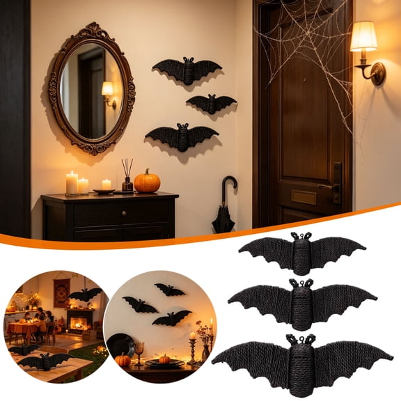 3Pcs Woven Rattan Bat Wall Hanging Halloween Decor, 3D Scary Handcrafted Black Rope Bat, Rustic Natural Farmhouse Halloween Creepy Decoration for Home Fireplace Door