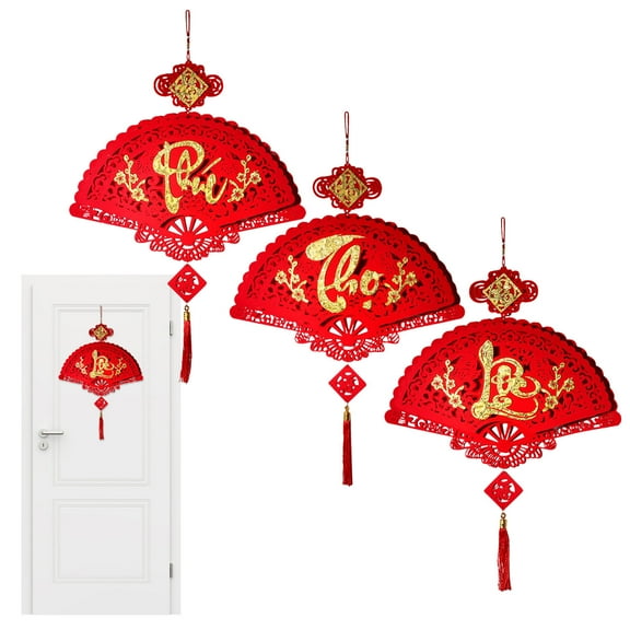 3Pcs Yearly Celebration Decor, Yannianjz Vietnamese Lunar Year Paper Fan Ornament, 2024 Blessing Tassel Hanging Decor For Spring Festival, Flocking Fabric Festive Home Wall Embellishment