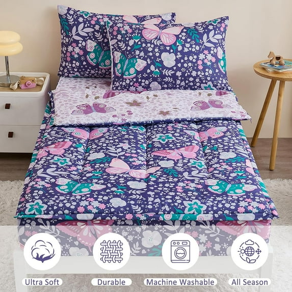 3Pcs Zip Up Bedding Comforter Set for Girls, Butterfly All in One Zipper Twin Bedding Set with Pillowcase for Kids