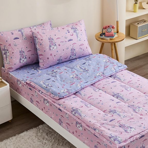 3Pcs Zip Up Bedding Comforter Set for Girls, Pink Castle All in One Zipper Twin Bedding Set with Pillowcase for Kids