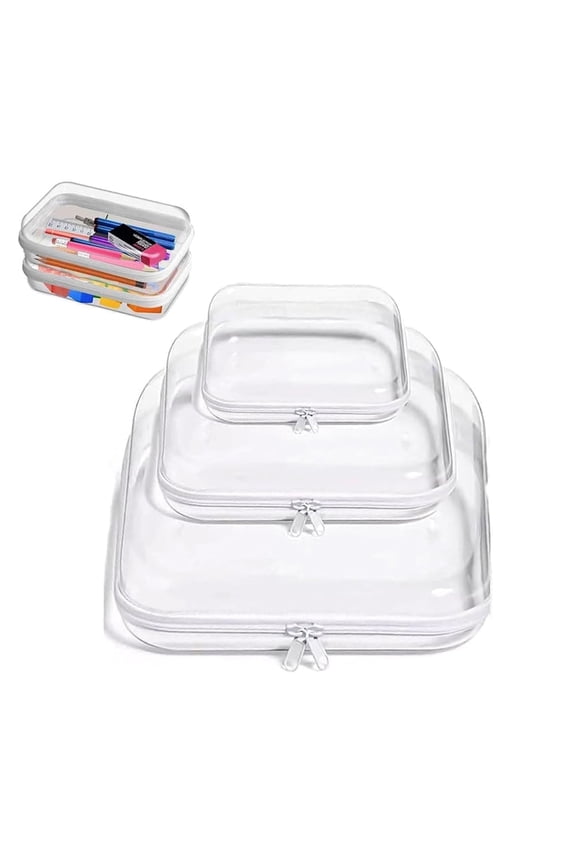 3Pcs Zippered Hard Case, Clear Plastic Pencil Case, Portable Pouches Travel Case with Double Zippers,Transparent Hard Pouch for Toy Storage(S& M&L)