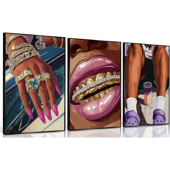 3Pcs d African American Black Woman Posters Wall Art pink Fashion Black Girl Canvas Prints Purple Abstract Funny Pictures Paintings Personality Wall decor for Living Room Bedroom Bathroom