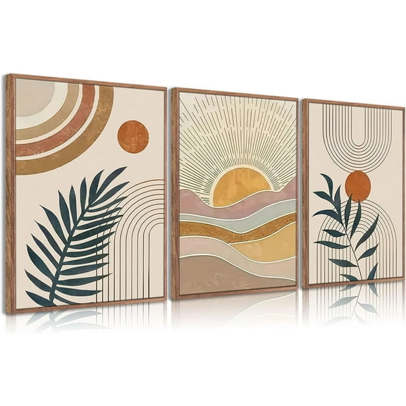 3Pcs d Boho Abstract Wall Art Orange Rainbow Sun Desert Minimalist Picture Mid-Century Modern Poster Prints Neutral Botanical Geometric Canvas Painting Wall Decor for Living Room16L x 12W