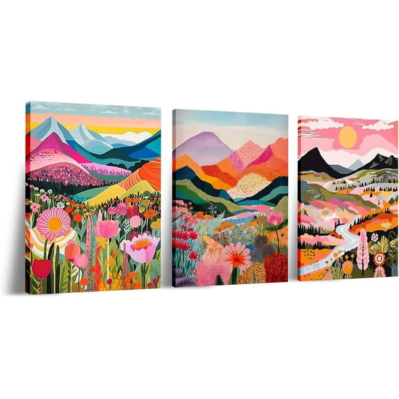 3Pcs d Boho Colourful Mountain Canvas Wall Art Watercolor Cactus Wild Flower Wall Decor Abstract Nature Dopamine Poster Picture Prints Living Room Bedroom Office Ready to Hang16X24inch