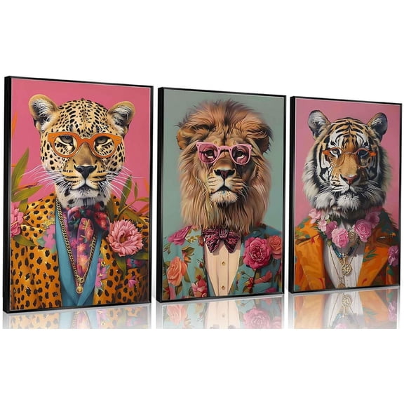 3Pcs d Funky Animals Canvas Wall Art Maximalist Wall Decor Pictures Trendy Tiger Lion Leopard Posters Prints Eclectic Preppy y2k Aesthetic Room Decor for Apartment Dorm Decoration 16x24in