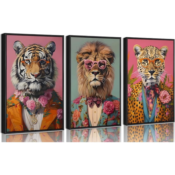 3Pcs d Funky Animals Canvas Wall Art Maximalist Wall Decor Pictures Trendy Tiger Lion Leopard Posters Prints Eclectic Preppy y2k Aesthetic Room Decor for Apartment Dorm Decoration 16x24in