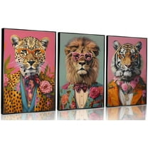3Pcs d Funky Animals Canvas Wall Art Maximalist Wall Decor Pictures Trendy Tiger Lion Leopard Posters Prints Eclectic Preppy y2k Aesthetic Room Decor for Apartment Dorm Decoration 16x24in