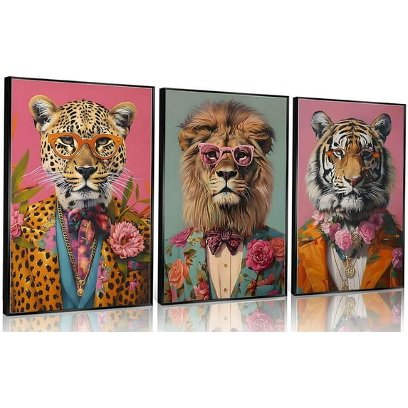 3Pcs d Funky Animals Canvas Wall Art Maximalist Wall Decor Pictures Trendy Tiger Lion Leopard Posters Prints Eclectic Preppy y2k Aesthetic Room Decor for Apartment Dorm Decoration 16x24in