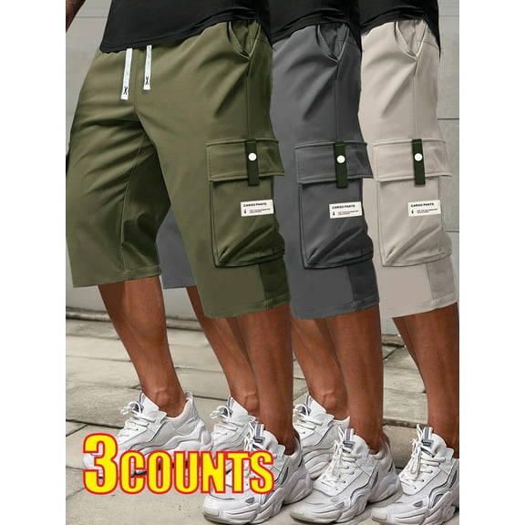 3Pcs men's summer corseted cargo shorts with large pockets letter appliqué - durable polyester non-stretch, casual sporty style, regular fit, available in black/dark grey/olive green