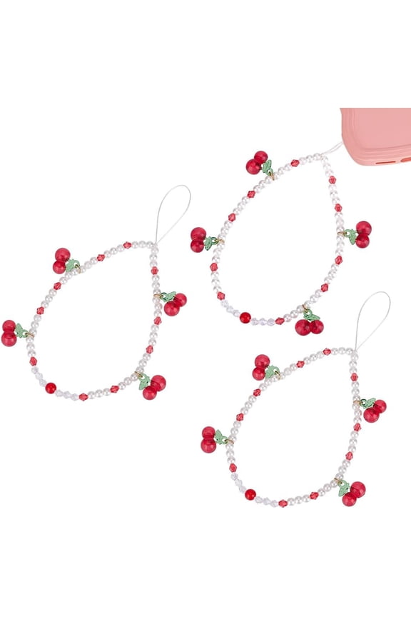 3Pcs one Charm Wrist Strap Handmade Exquisite Beaded one Lanyard Wrist Strap Red Cherry Cellone Chain Charms Straps