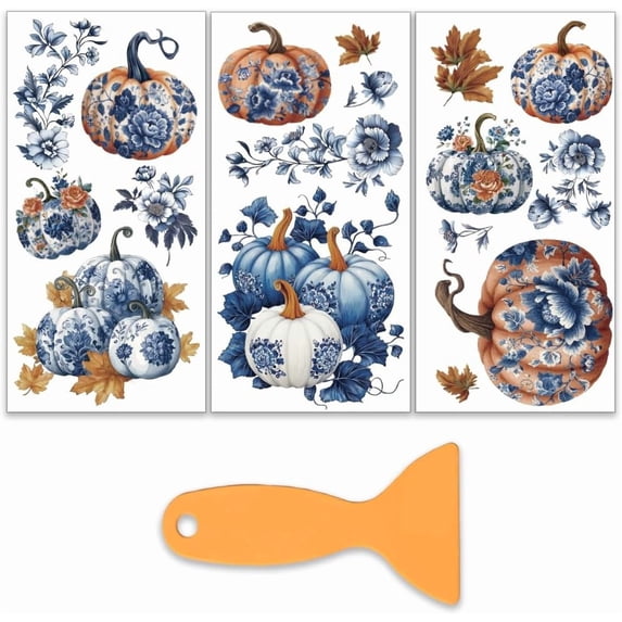 3Pcs/set Autumn Pumpkin Rub on Transfers for Furniture and Craft 6x12 Inch Cyan Blue Flower Furniture Decal Transfer Sticker Rub on Decal with 1pc Scraper for Scrapbook Window Home Decoration PVC