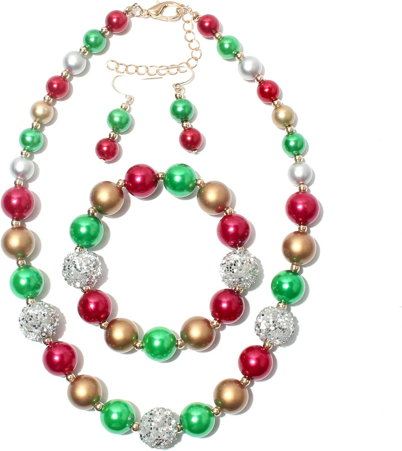3Pcs/set Christmas Big Simulated Pearl Statement Necklace Red Green — free download