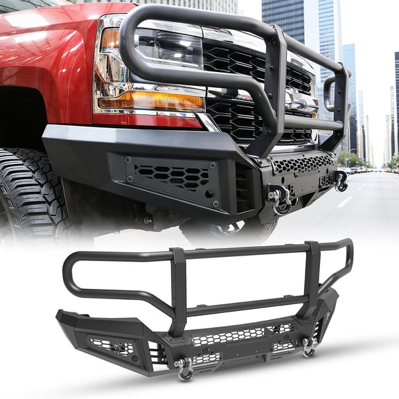 3Pcs/set Mid-Body Front Bumper+Side Wings+Bull Bar for 2016-2018 Chevy Silverado 1500,Heavy Duty Steel Modular 3 IN 1 Design