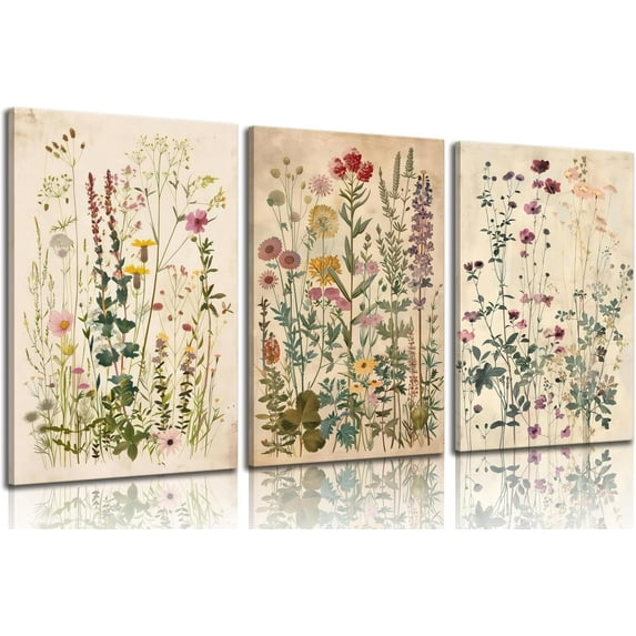 3Pcs vintage Watercolor Wildflower Canvas Wall art Colorful Botanical Floral Wall Decor Picture Retro Flower Poster Print Artwork for Living Room Bedroom Office Home Decoration, Canvas