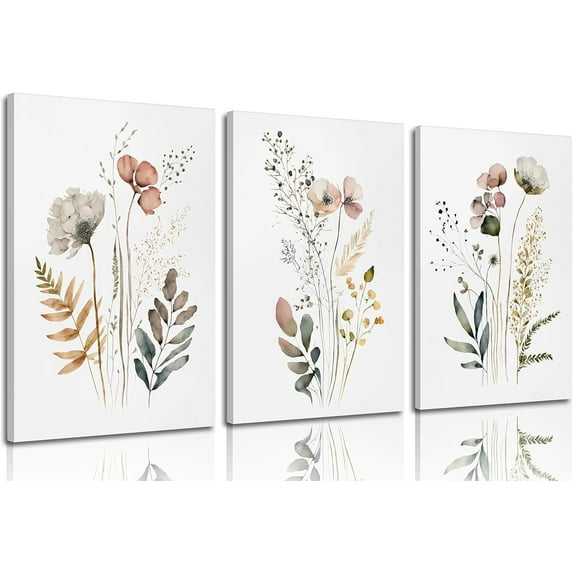 3Pcs vintage Watercolor Wildflower Canvas Wall art Colorful Botanical Floral Wall Decor Picture Retro Flower Poster Print Artwork for Living Room Bedroom Office Home Decoration, Canvas