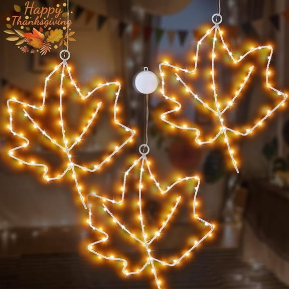 3PcsFall Window Decorations Maple Leaf Lights, Battery Operated Thanksgiving Window Lights with Timer,Metal Frame LED Fall Window Hanging Maple Lights for Home Party Thanksgiving Autumn Harvest Décor