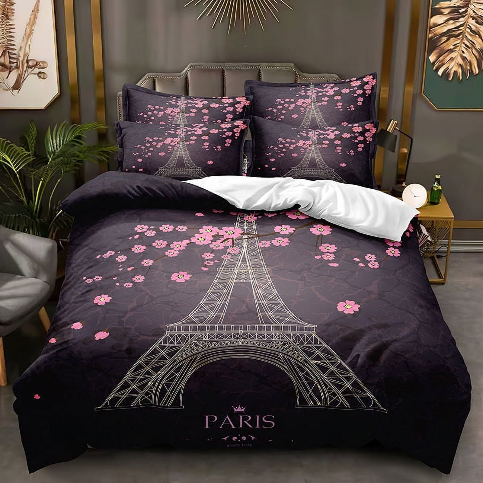 3Piece Bedding Set Queen,Eiffel Tower Duvet Cover Set for Girls,Paris