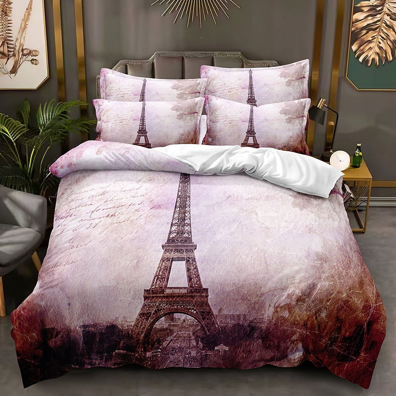 3Piece Bedding Set Queen,Eiffel Tower Duvet Cover Set for Girls,Paris