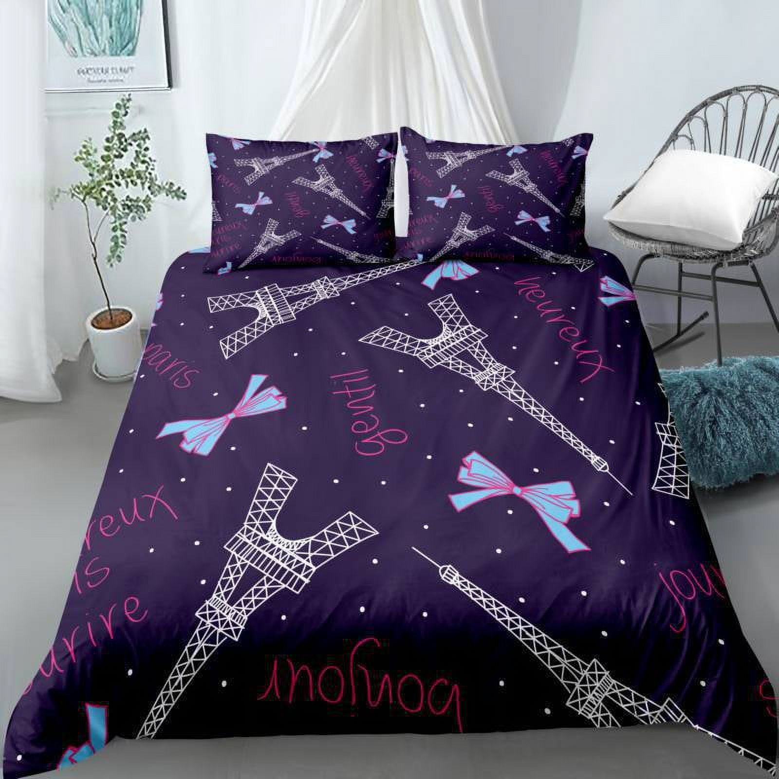 3Piece Bedding Set Queen,Eiffel Tower Duvet Cover Set for Girls,Paris