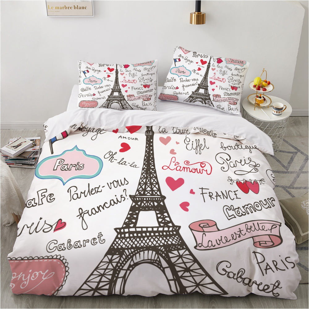 3Piece Bedding Set Queen,Eiffel Tower Duvet Cover Set for Girls,Paris