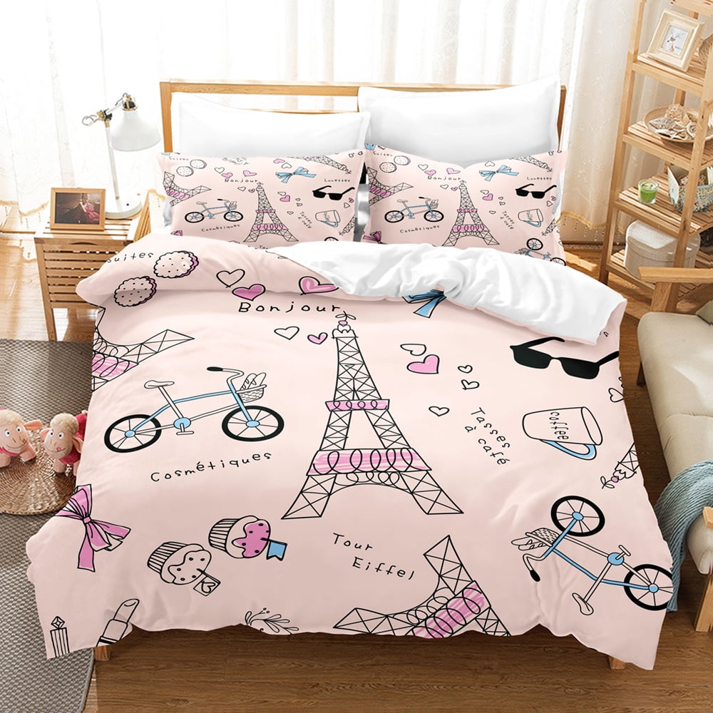 3Piece Bedding Set Queen,Eiffel Tower Duvet Cover Set for Girls,Paris