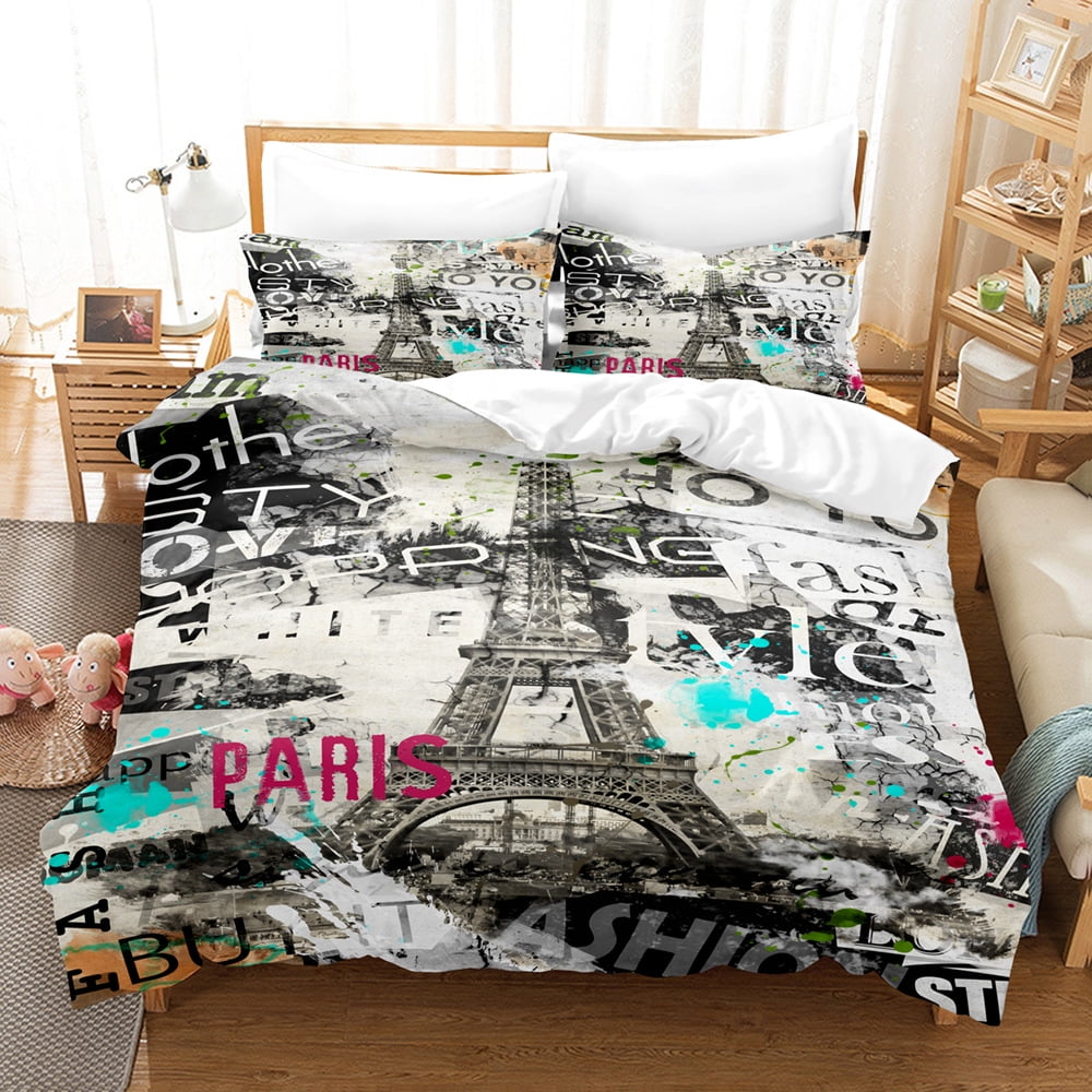 3Piece Bedding Set Queen,Eiffel Tower Duvet Cover Set for Girls,Paris