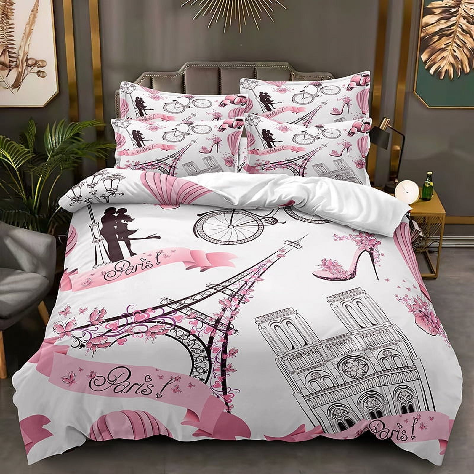 3Piece Bedding Set Queen,Eiffel Tower Duvet Cover Set for Girls,Paris Bedding Set,Girls Pink